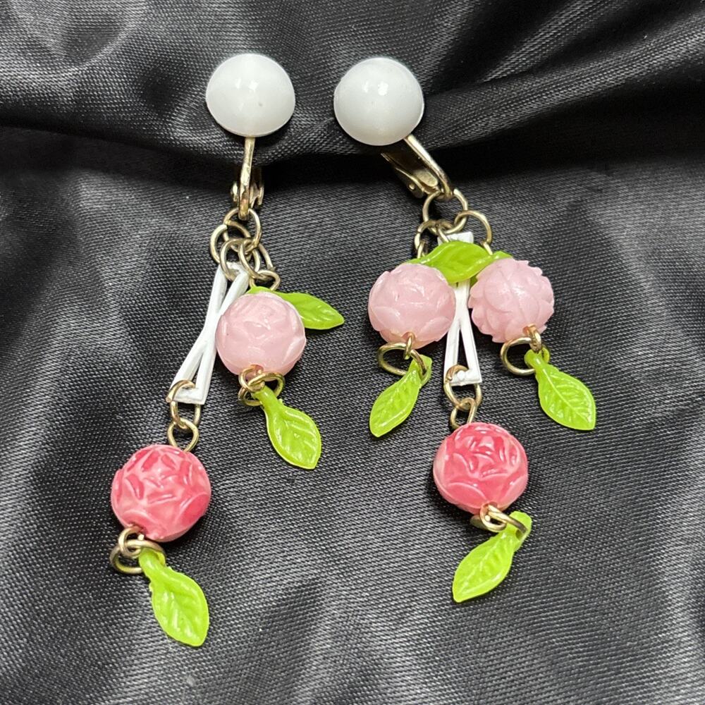 50s-60’s Pink Roses Drop Dangle Clip Earrings Celluloid Plastic 3” Hong Kong